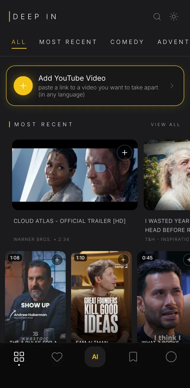 The Deep In home: Add YouTube Video at the top, then the most recent videos and shorts.