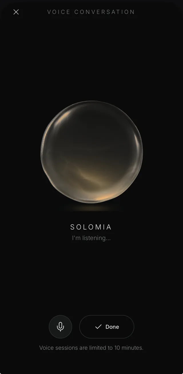 A live voice call with Solomia: her droplet, I’m listening, and the mute and Done buttons.